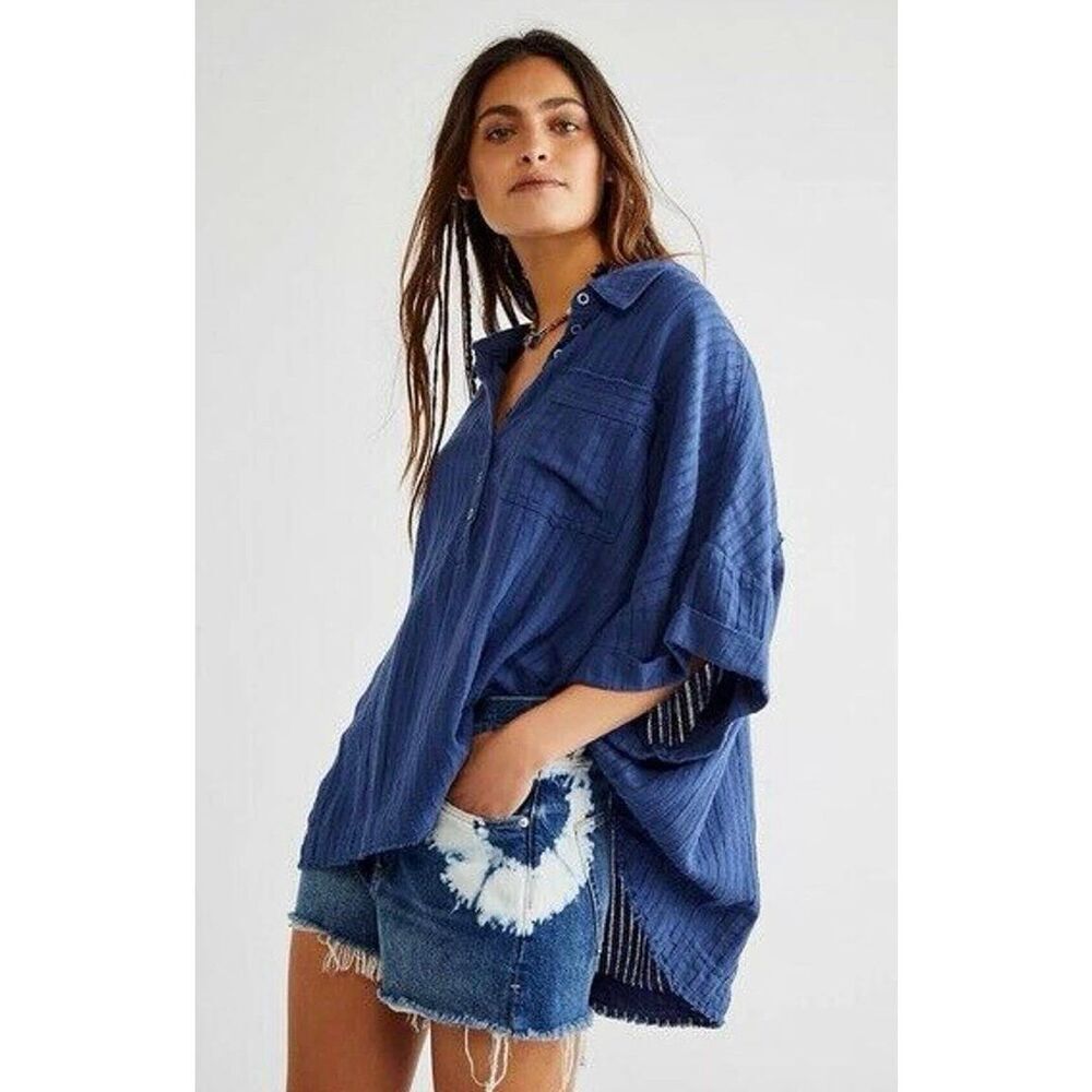 Free People The Ava Cotton Top Shaded Lake Blue Size Small